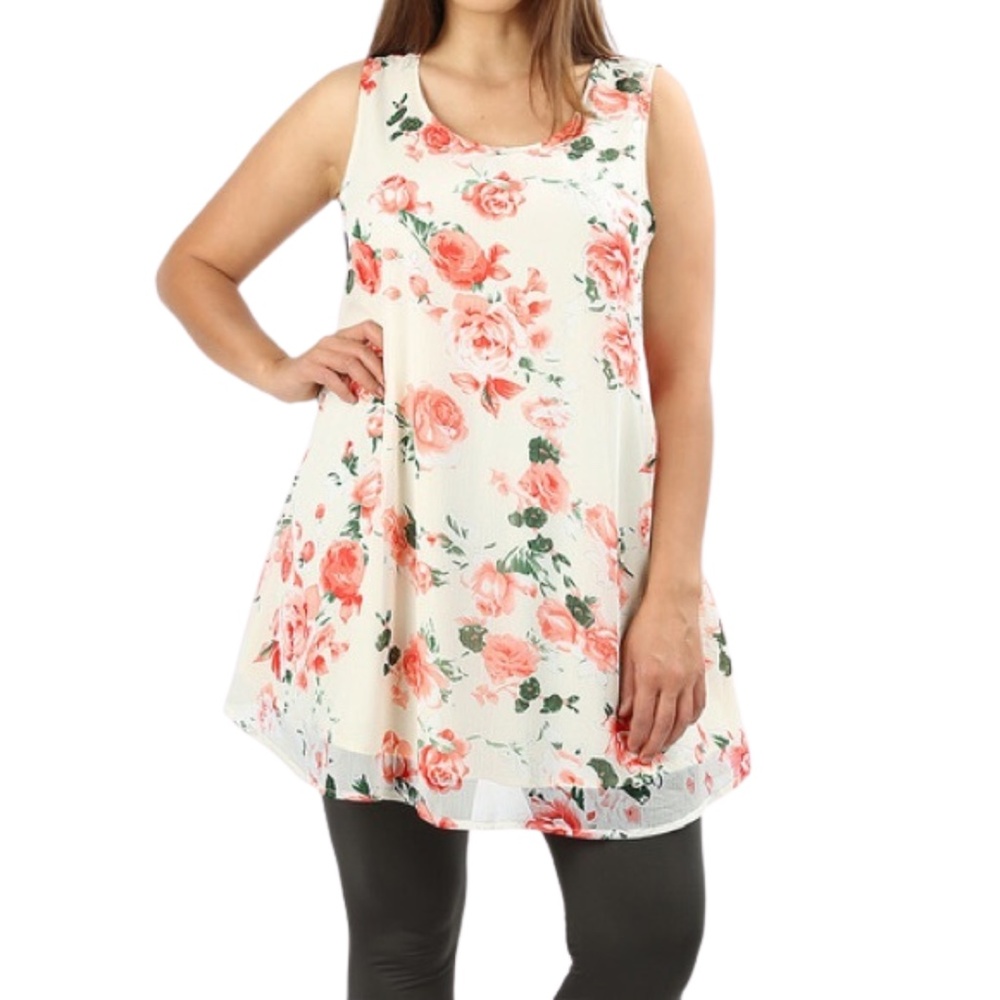 ~Summer Clearance~  Ivory Floral Sleeveless Tunic Top